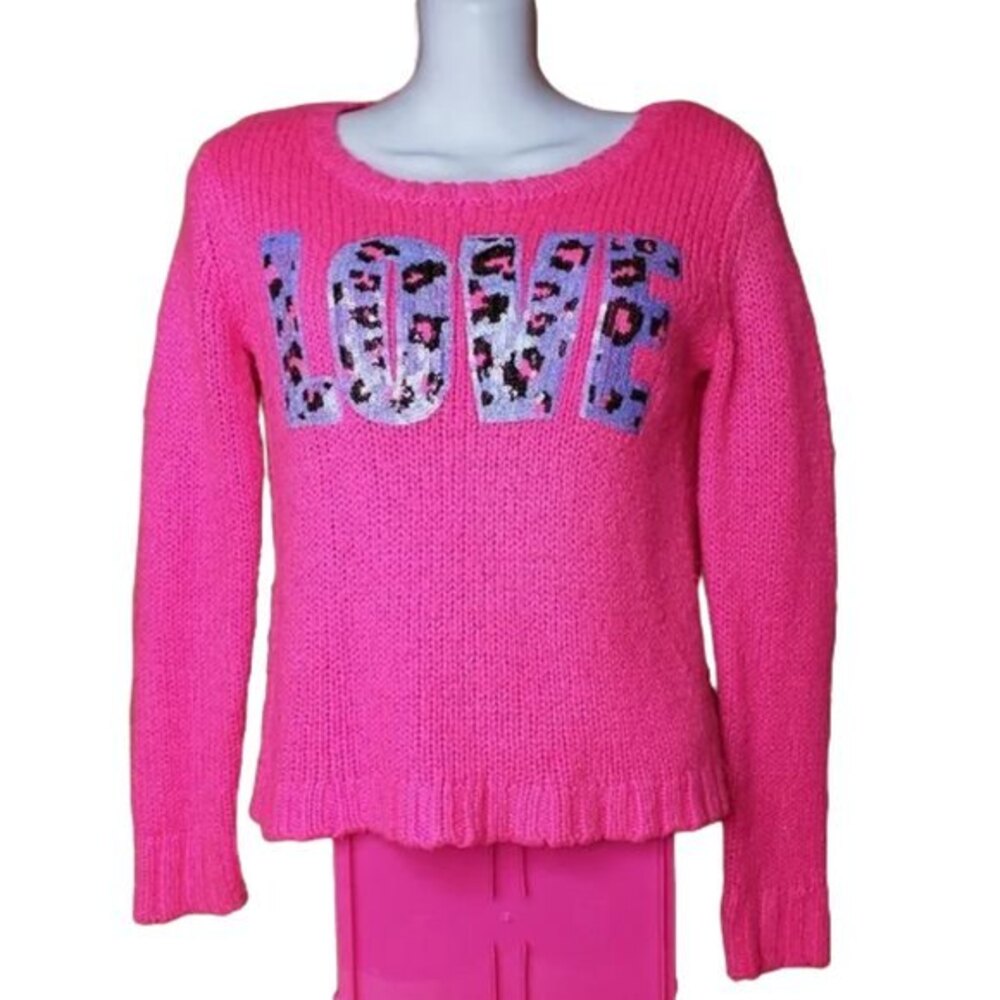 JUSTICE LOVE HOT NEON PINK SEQUINED SWEATER SIZE 12